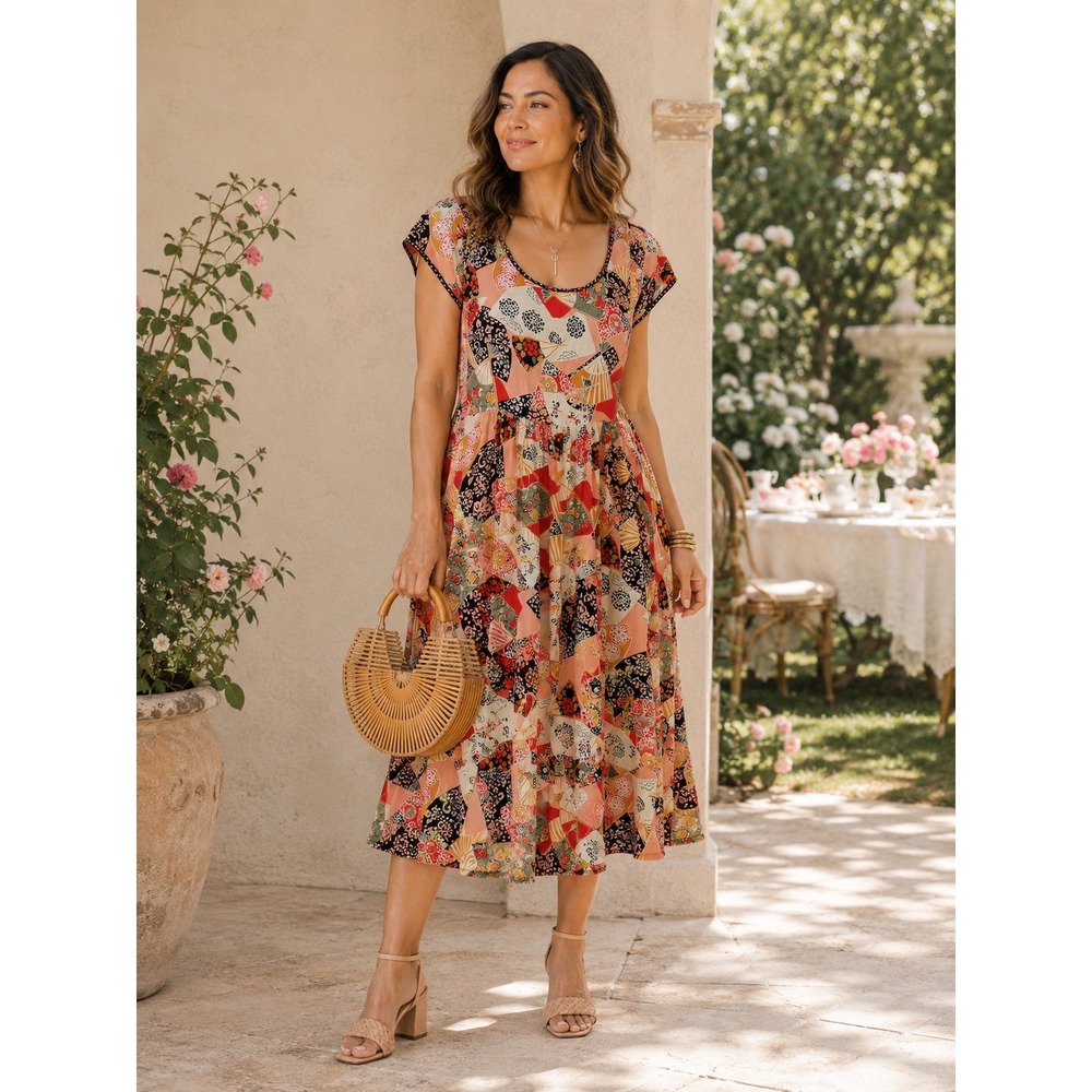 ZOE CALIFORNIA Vintage Asian Fan Print Midi Dress XL Retro Boho Maximalist Artsy
